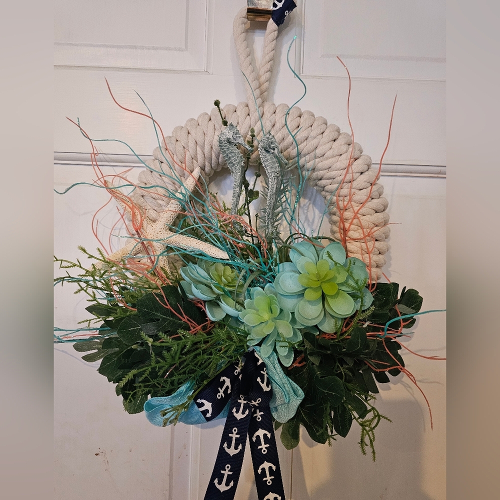 Nautical Rope Wreath with Seahorses, Starfish And Floral Designs